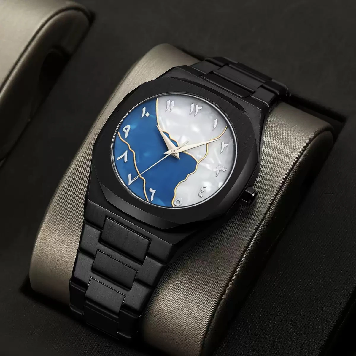 Arabic Digital Plastic Carbon Fiber body Strap Quartz Men's Watch Casual Resistant - Black & Blue