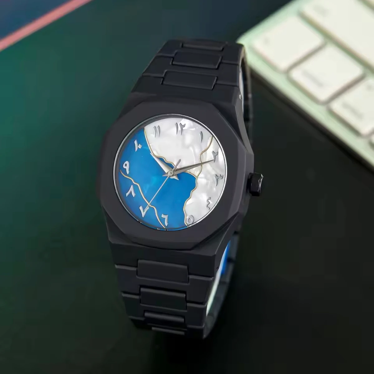 Arabic Digital Plastic Carbon Fiber body Strap Quartz Men's Watch Casual Resistant - Black & Blue - Image 2