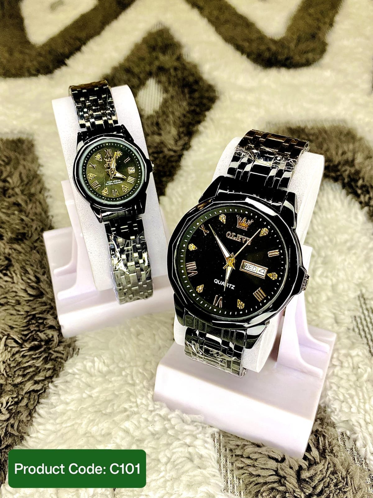 OLEVS 9989 Luxury Water Resistant-Full Black Couple Watch