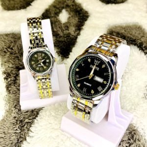 OLEVS 9989 Luxury Water Resistant-Silver black Couple Watch