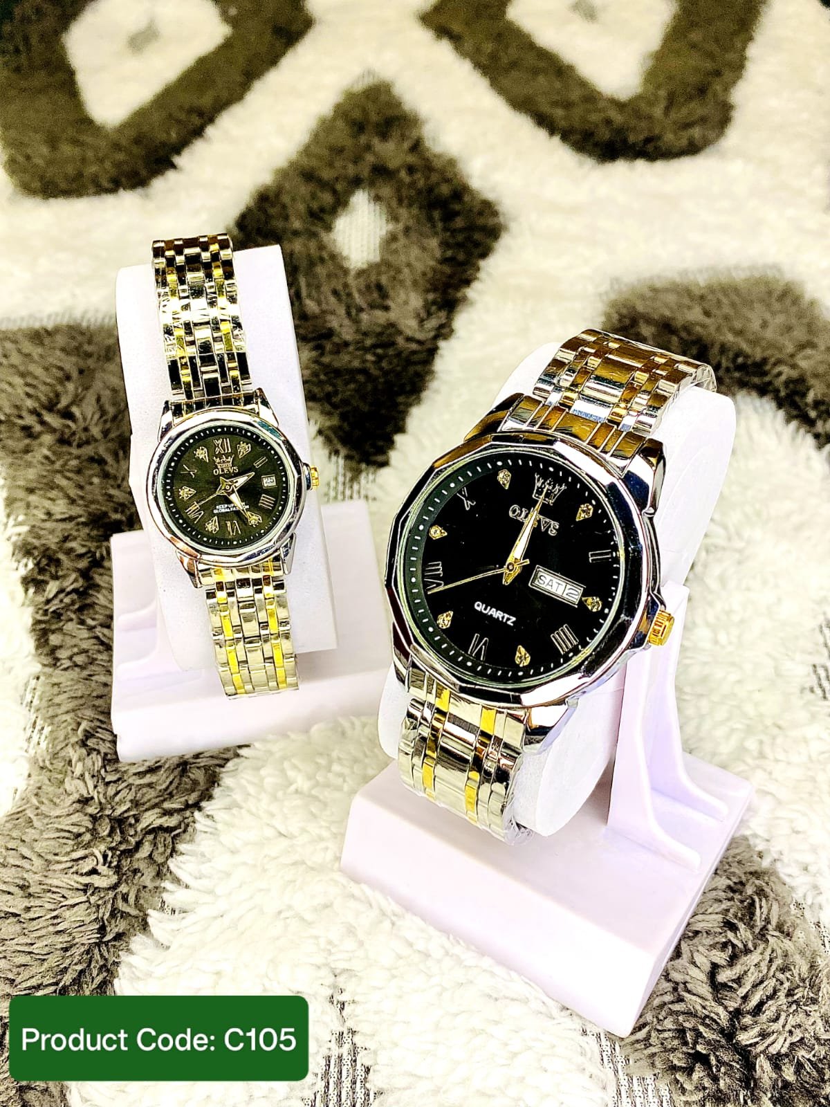 OLEVS 9989 Luxury Water Resistant-Silver black Couple Watch
