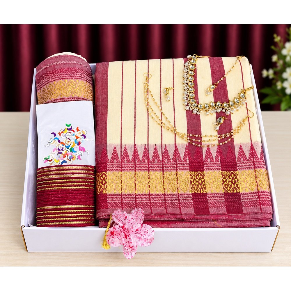 ashnoor_saree_gift_set_1000x1000 প্রিমিয়াম অফ-হোয়াইট শাড়ি গিফট কম্বো - Image 1