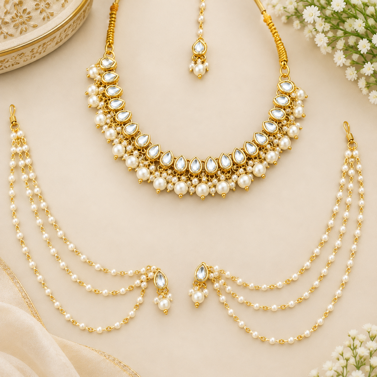 Elegant Gold and Pearl Bridal Jewelry Flat Lay White Kundan Necklace Set with Ear Chains & Tikka - Image 1
