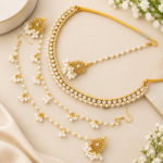 White Kundan Necklace Set with Ear Chains & Tikka