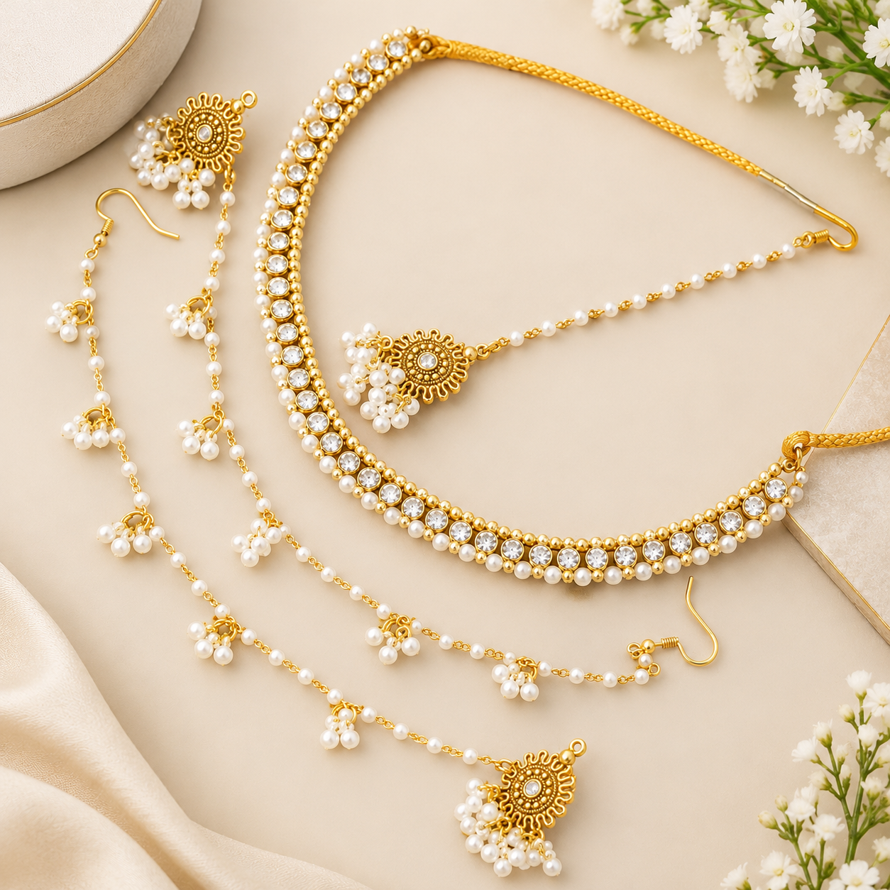 Gold and Pearl Bridal Jewelry Flat Lay White Kundan Necklace Set with Ear Chains & Tikka - Image 1