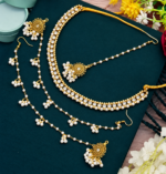 White Kundan Necklace Set with Ear Chains & Tikka - Image 2