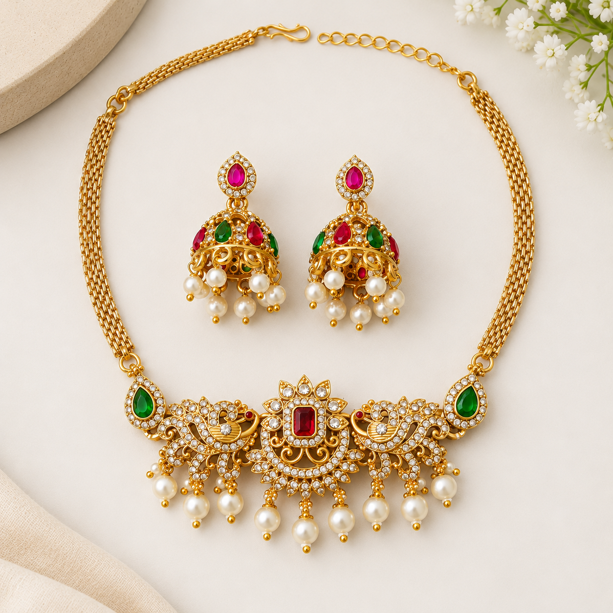 Ornate Gold Bridal Jewelry Set Gold-Plated Kundan Necklace Set - Image 1