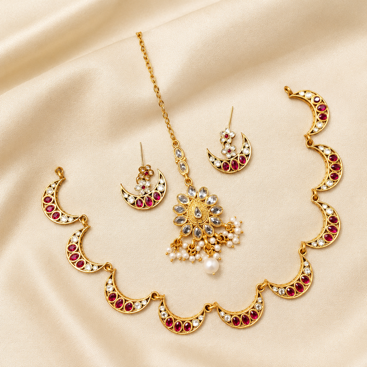 Traditional Gold Kundan Jewelry Set Gold Moon Kundan Pearl Jewellery Set - Image 1