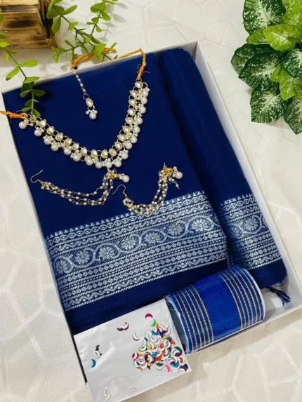 প্রিমিয়াম নীল — শাড়ি ও জুয়েলারি কম্বো