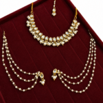 White Kundan Necklace Set with Ear Chains & Tikka - Image 2